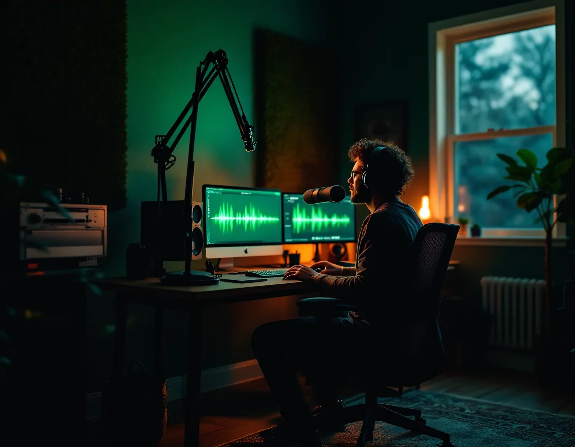 Elder Lane Audio editing suite with a studio microphone, acoustic panels, and a waveform on screen